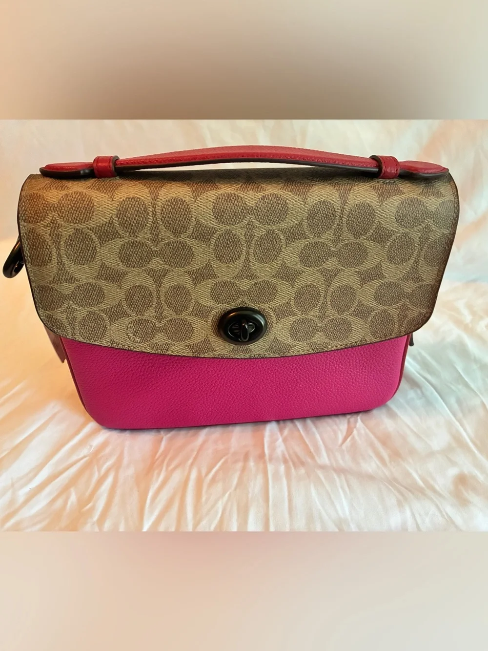 Coach Brown Signature Canvas Shoulder Bag with Pink Leather Trim